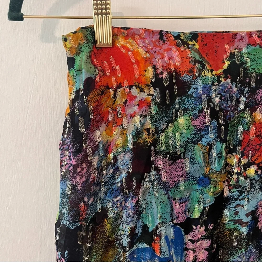 The Kooples Paris Multicolor Metallic Floral Mini Skirt Silk Size 2
